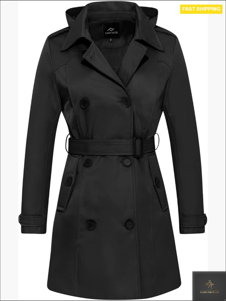 Double Breasted Trench Coat Waterproof Windbreaker Classic Removable Hood